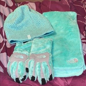 Kids North Face hat, gloves and scarf set
